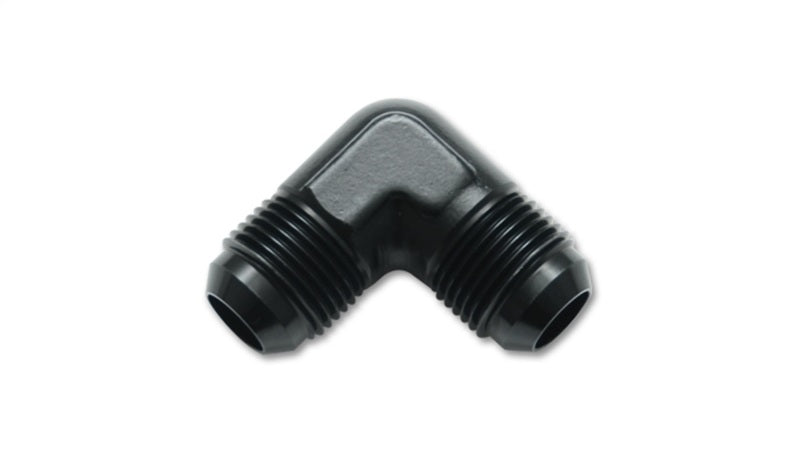 Vibrant aluminum -8AN 90-degree flare union fitting showing the shiny metallic finish and precise flare connection for automotive use.