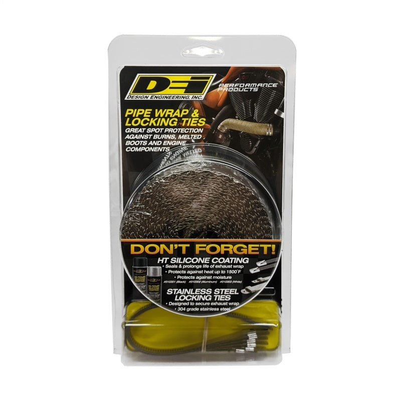 DEI titanium exhaust wrap kit with pipe wrap and locking tie for heat protection and performance enhancement.