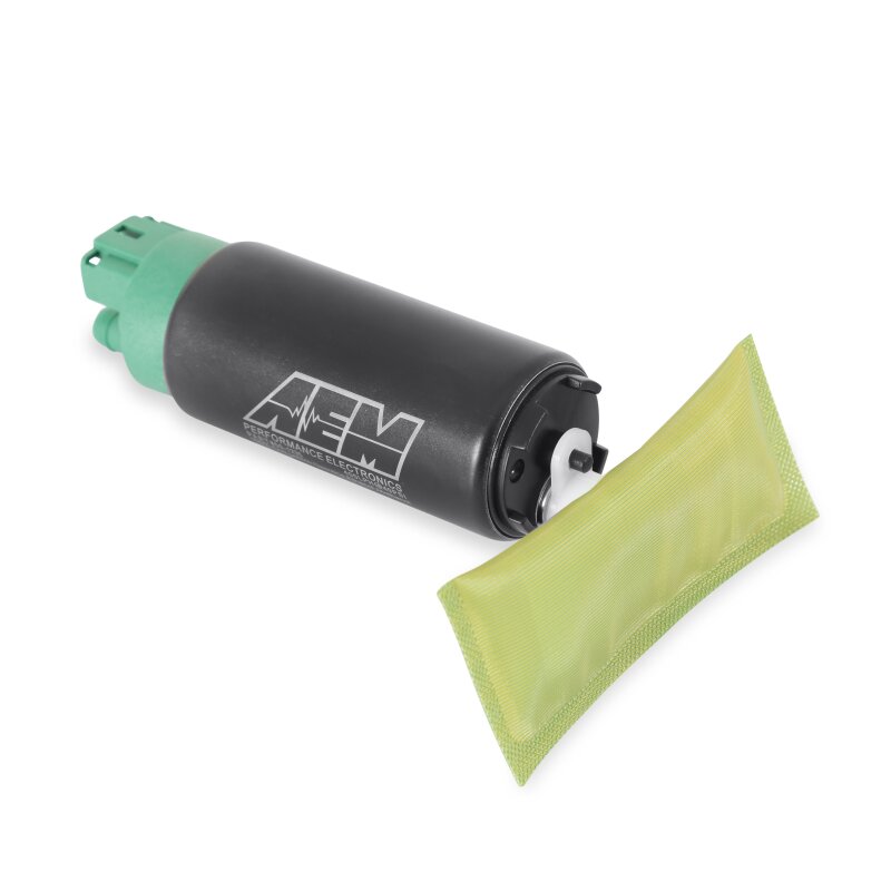 AEM 400 LPH E85 compatible fuel pump kit with single barb fitting, designed for ethanol fuel systems and high-performance vehicles.