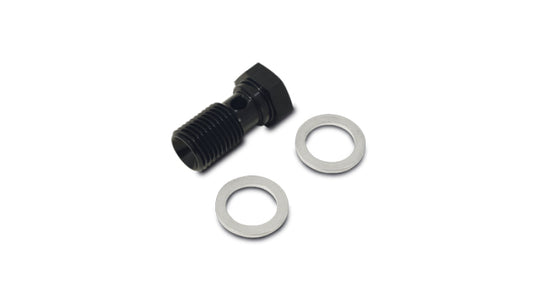 Vibrant 7/16 inch-24 banjo bolt fitting with 23mm length, metal automotive fluid connection, showing threaded end and smooth surface.