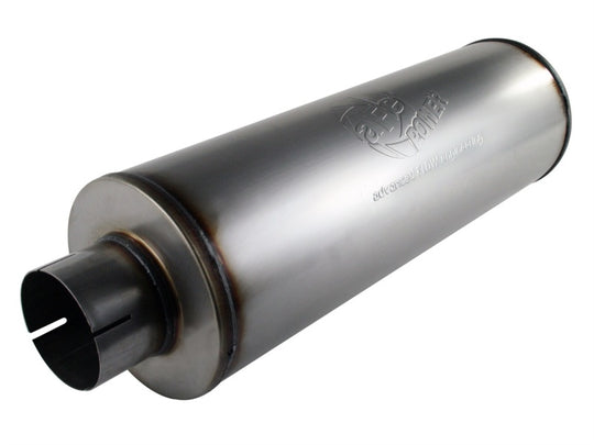 aFe MACHForce XP stainless steel muffler with 4-inch inlet and outlet, 8-inch diameter, designed for vehicle exhaust systems.