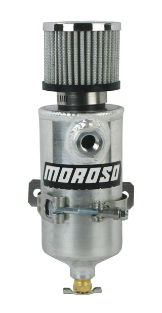 Moroso aluminum breather tank with two 3/8 NPT female fittings, designed as an oil catch can for automotive use.