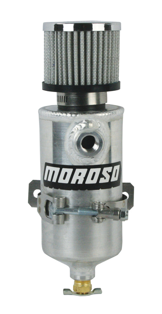 Moroso aluminum oil catch can with two 3/8 NPT female fittings, designed for vehicle breather systems.