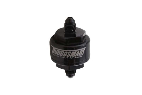 Turbosmart billet turbo oil feed filter with black finish, 44 micron pleated disc, -4AN male inlet for automotive turbo systems.