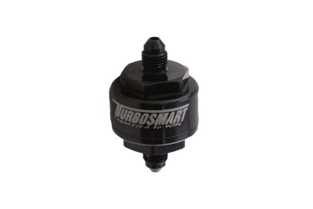 Turbosmart billet turbo oil feed filter with black finish, 44 micron pleated disc, -4AN male inlet for automotive turbo systems.