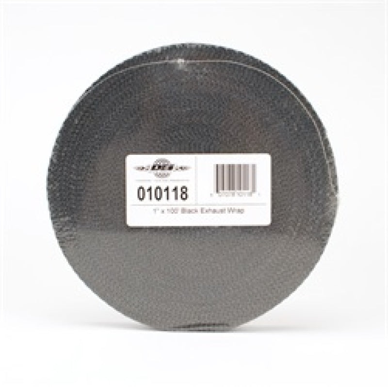 Black DEI Exhaust Wrap 1 inch by 100 feet, heat-resistant exhaust wrap for automotive applications, shown in roll with textured surface.