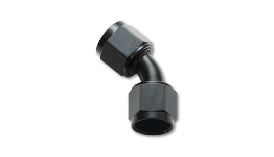 Vibrant black -12AN to -12AN female flare swivel 45-degree fitting, anodized black, showcasing smooth metal finish and threaded ends.