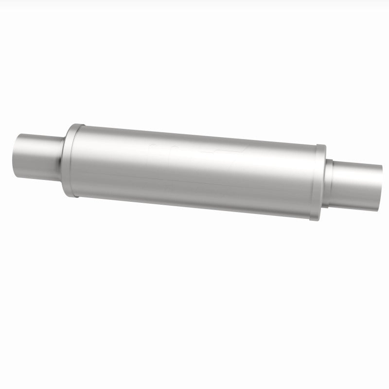 MagnaFlow Mag SS muffler with 14x4x4 inch size and dual 2.25x2.25 inch inlet and outlet pipes, shown in the image.