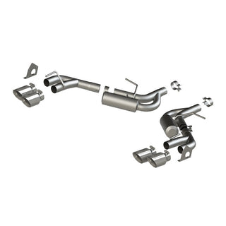 MBRP axle back exhaust for 2016-2019 Chevrolet Camaro V6 with dual 2.5-inch pipes and quad wall tips, side view showing tips and piping