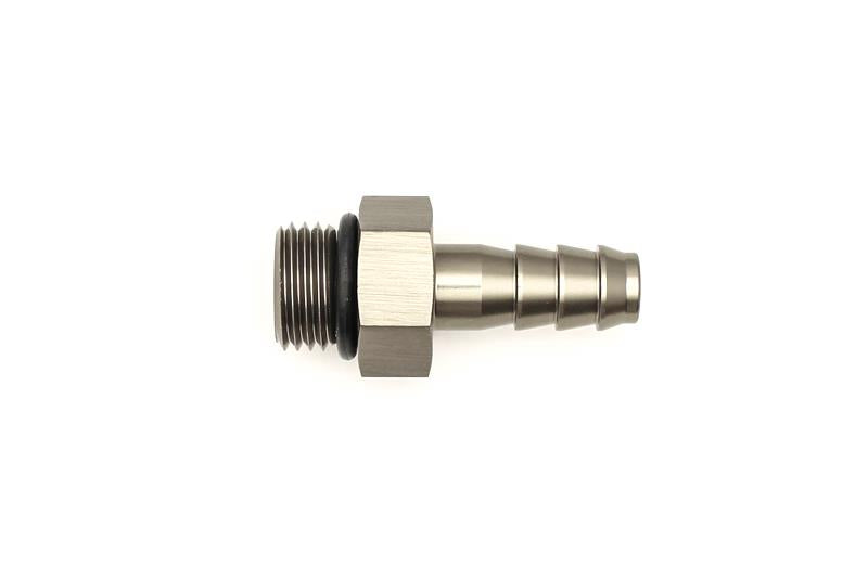 DeatschWerks 6AN ORB male to 5/16-inch male triple barb fitting with O-ring, displaying the fitting's metal connectors and barb connections.