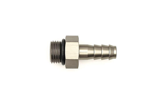 DeatschWerks 6AN ORB male to 5/16-inch male triple barb fitting with O-ring, displaying the fitting's metal connectors and barb connections.