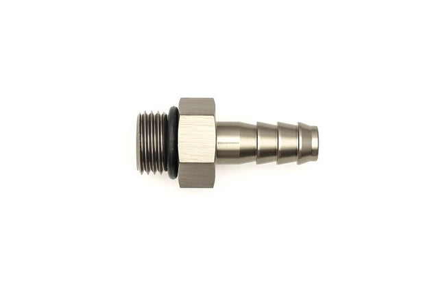DeatschWerks 6AN ORB male to 5/16-inch male triple barb fitting with O-ring, displaying the fitting's metal connectors and barb connections.