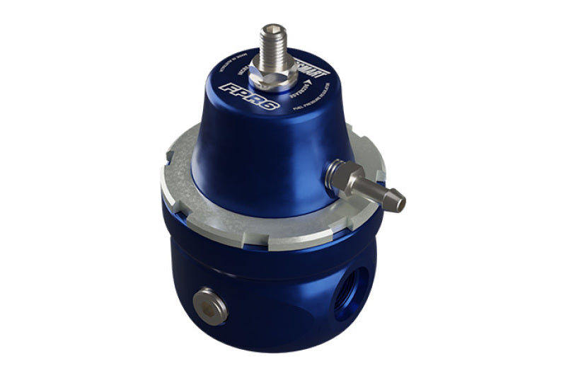 Turbosmart FPR6 Blue fuel pressure regulator with -6AN fittings, designed for precise fuel system pressure control.