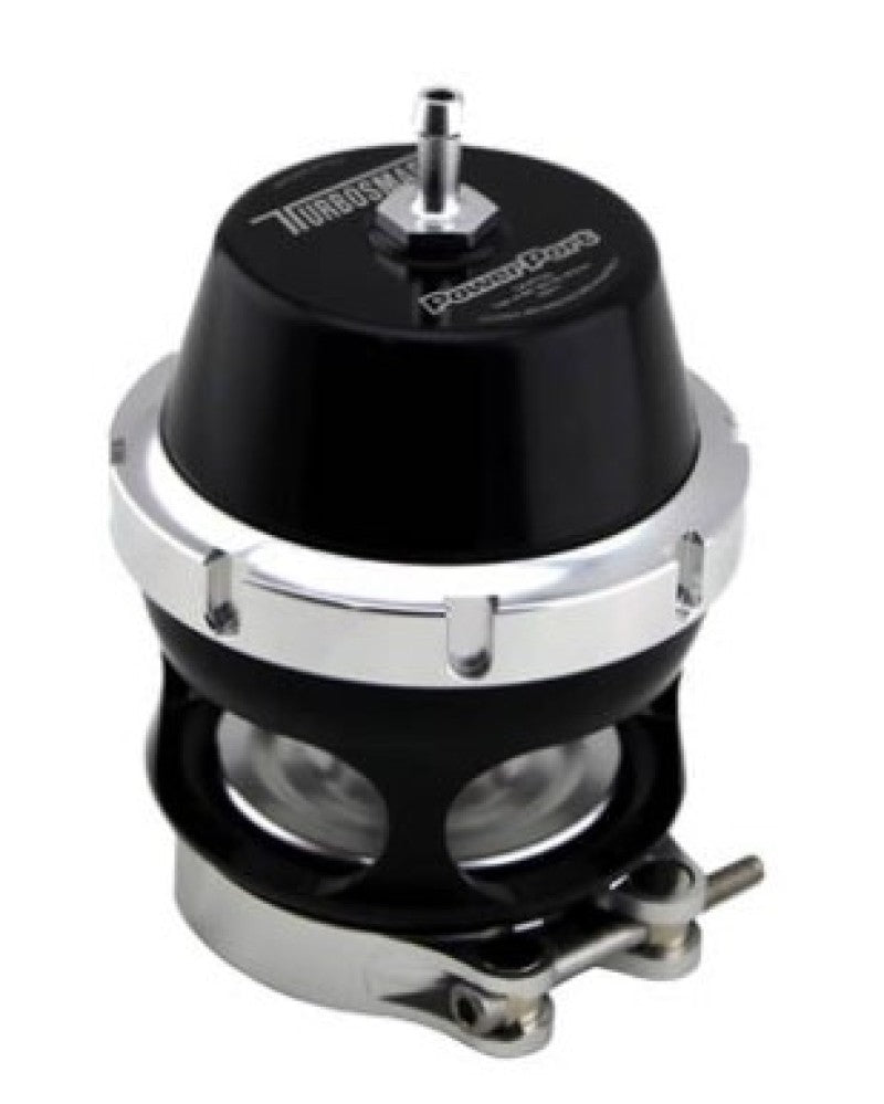 Turbosmart Power Port Black blow off valve with sleek black finish and compact design for turbocharged vehicles.