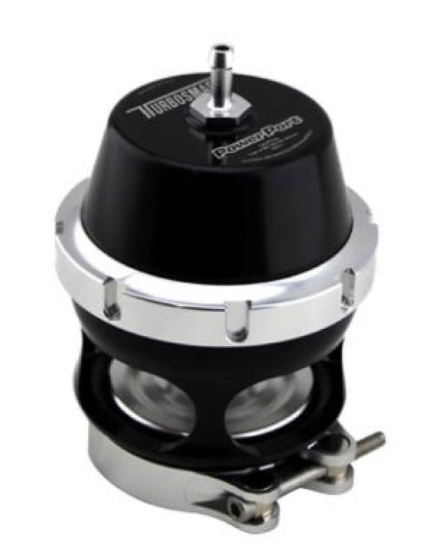 Turbosmart Power Port Black blow off valve with sleek black finish and compact design for turbocharged vehicles.