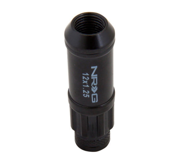 NRG 700 Series M12 X 1.25 steel lug nut set with dust cap covers, locks, and lock socket in black for automotive wheels.