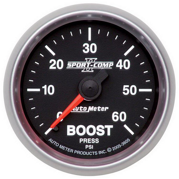 AutoMeter Sport-Comp II 52mm mechanical boost gauge displaying 0-60 PSI, with black face and white markings for precise readings.