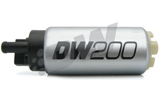 DeatschWerks DW200 Series 255 LPH in-tank fuel pump with metal body and electrical connector for automotive fuel system.
