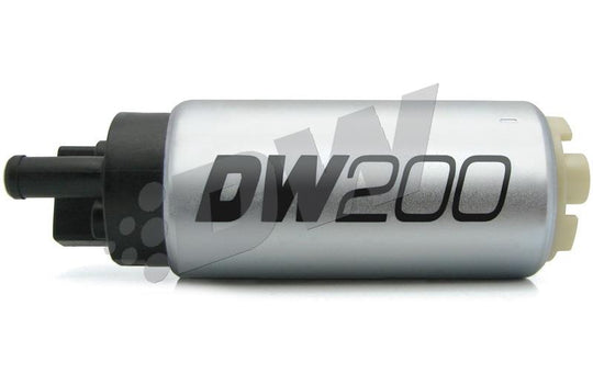 DeatschWerks 255 LPH DW200 series in-tank fuel pump with metal casing and electrical connectors.