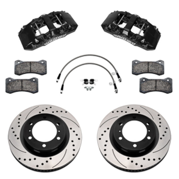 Wilwood Toyota Tacoma front Aero6-DM big brake kit with drilled and slotted rotors and brake lines, 13.38-inch rotor diameter.