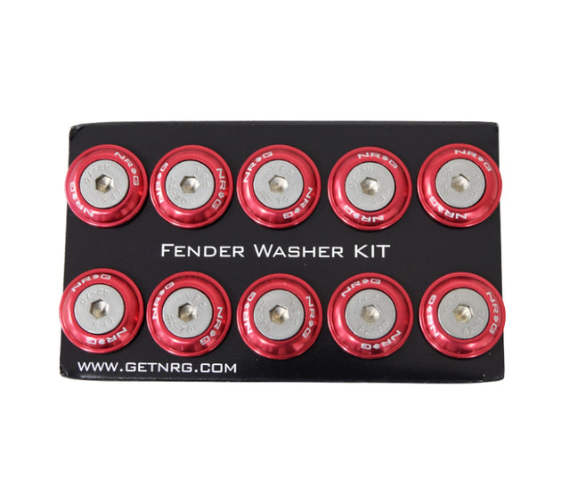 NRG Fender Washer Kit with red rivets for plastic, set of 10, automotive hardware kit including washers and rivets.