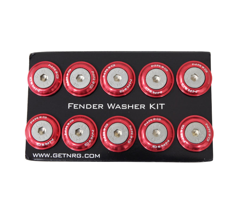 NRG Fender Washer Kit with red rivets for plastic, set of 10, automotive hardware kit including washers and rivets.