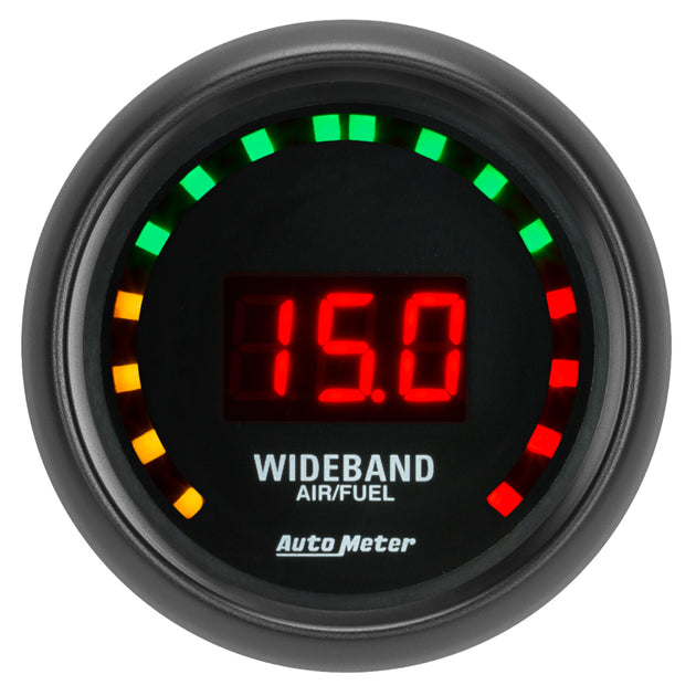 AutoMeter Z-Series 2-1/16 inch digital air/fuel ratio gauge showing AFR readings for street performance vehicles.