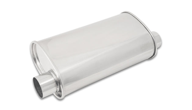 Vibrant StreetPower Oval Muffler 5x9x15 inches with 2.5-inch inlet and outlet, offset-offset design, for automotive exhaust systems.