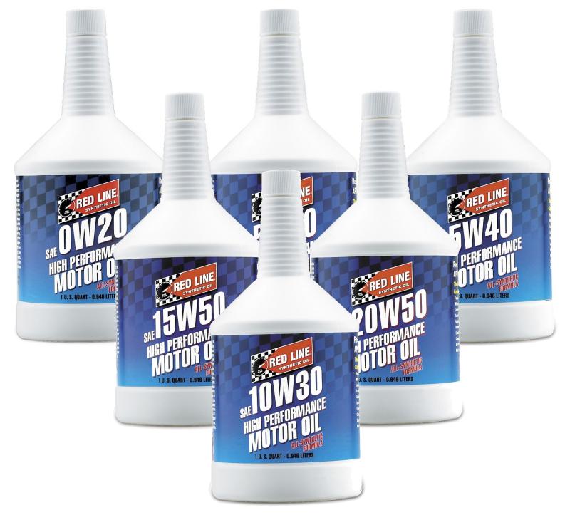 Red Line 0W20 motor oil quart container, blue and red label, showing the bottle with product details and branding.