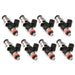 Injector Dynamics ID1050X fuel injector set for 8-cylinder engines, grey adapters and orange lower O-rings, includes 8 injectors and top adaptors.