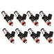 Injector Dynamics ID1050X fuel injector set for 8-cylinder engines, grey adapters and orange lower O-rings, includes 8 injectors and top adaptors.