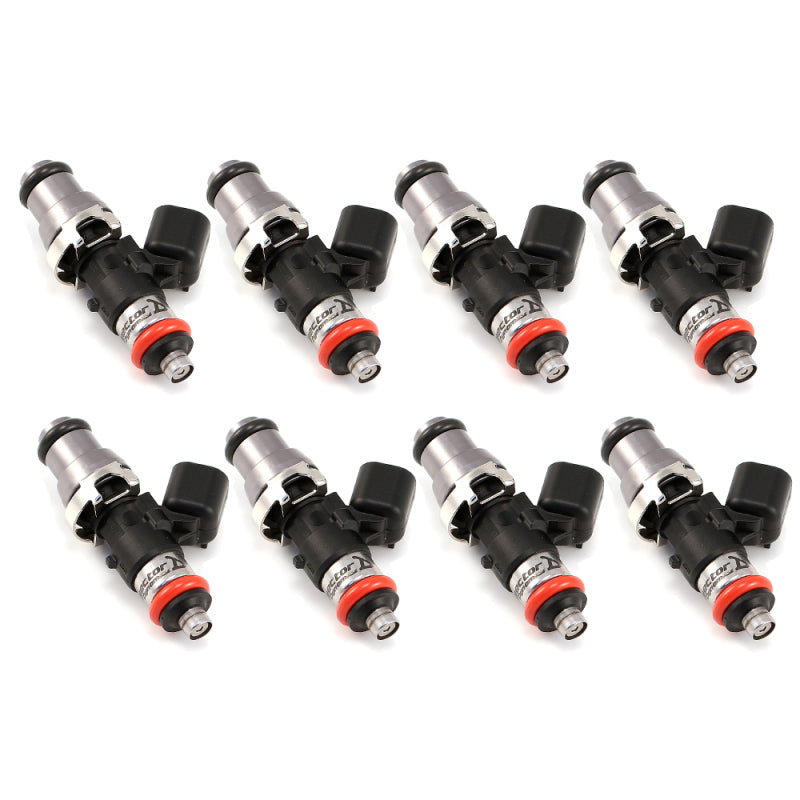 Injector Dynamics ID1050X fuel injector set for 8-cylinder engines, grey adapters and orange lower O-rings, includes 8 injectors and top adaptors.