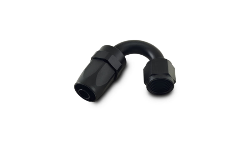 Vibrant -10AN 150-degree elbow hose end fitting showing metal construction and angled connector for automotive fluid applications.