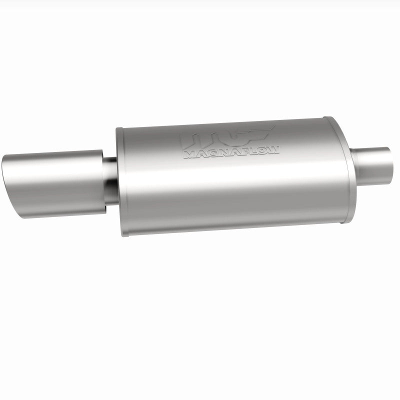 MagnaFlow stainless steel muffler with tip, 14x5x8 inches, featuring dual inlet and outlet pipes for vehicle exhaust system.