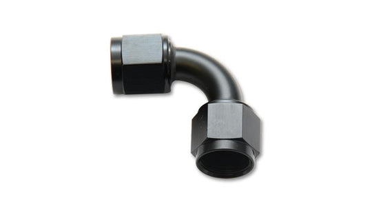 Vibrant black 16AN female 90-degree union adapter fitting with anodized finish for high-performance automotive or racing applications.
