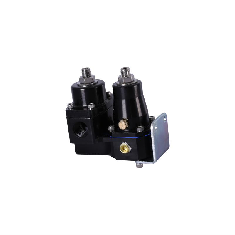 Aeromotive EFI to carburetor fuel pressure regulator showing adjustable pressure dial and inlet/outlet fittings for automotive use.