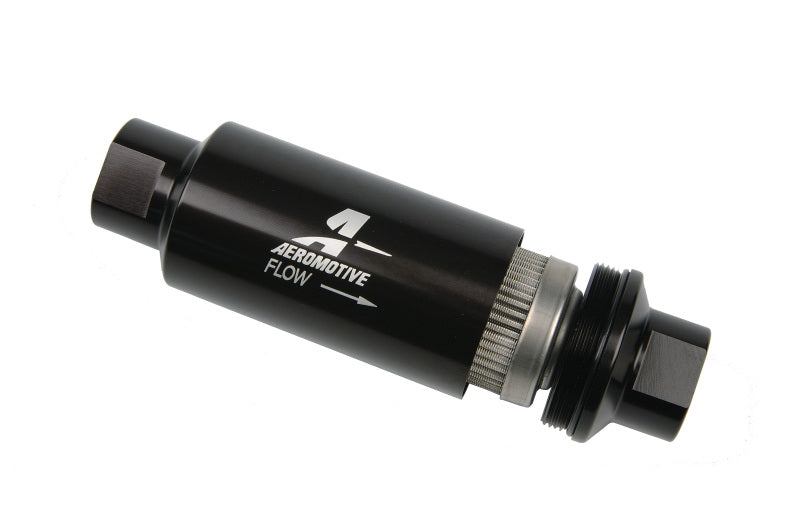 Aeromotive In-Line Fuel Filter AN-10 black with 100-micron filtration, designed for automotive fuel systems.