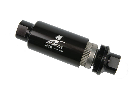 Aeromotive In-Line Fuel Filter AN-10 black with 100-micron filtration, designed for automotive fuel systems.
