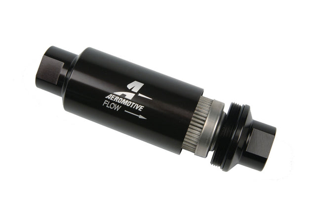 Aeromotive In-Line Fuel Filter AN-10 black with 100-micron filtration, designed for automotive fuel systems.