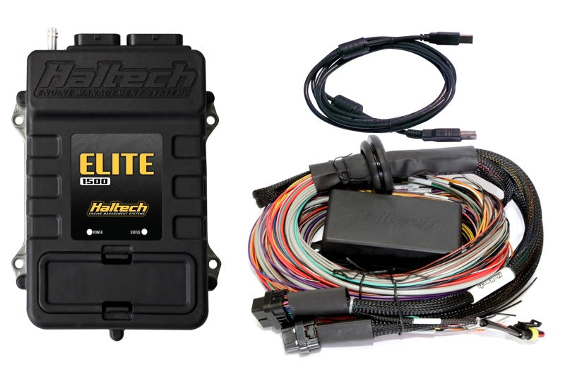 Haltech Elite 1500 Premium Universal Wire-In Harness ECU kit for programmers and tuners, with wiring and connectors visible