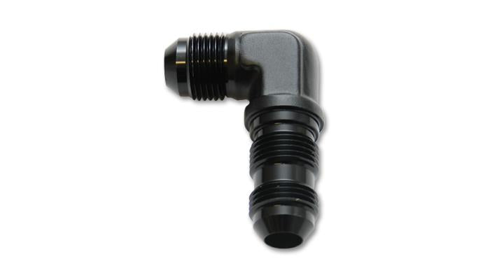 Vibrant black anodized 3AN bulkhead elbow fitting, 90-degree adapter for fluid or air line connections, durable and precise.