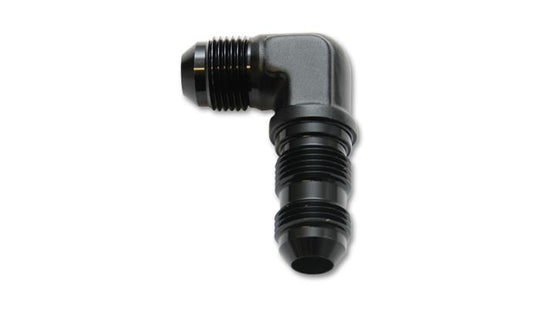 Vibrant black anodized 3AN bulkhead elbow fitting, 90-degree adapter for fluid or air line connections, durable and precise.