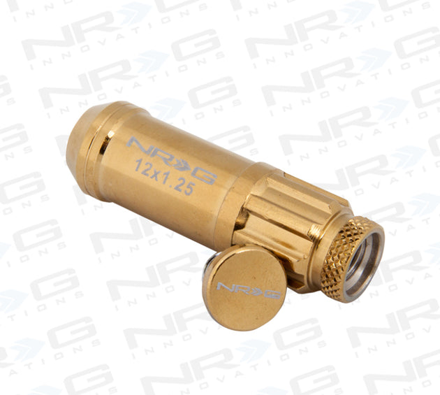 NRG 700 Series M12 x 1.25 steel lug nut set with dust cap covers, locks, and socket in chrome gold finish, includes 21 pieces