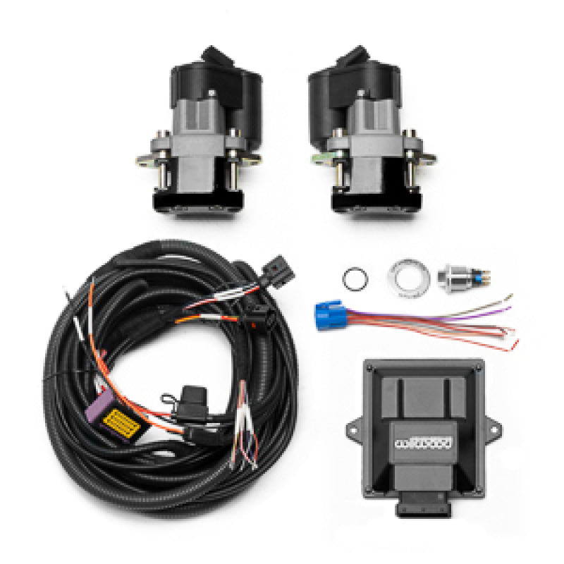 Wilwood electronic parking brake rear retrofit kit with black powder coat caliper and switch harness for performance vehicles.