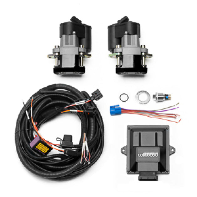 Wilwood electronic parking brake rear retrofit kit with black powder coat caliper and switch harness for performance vehicles.