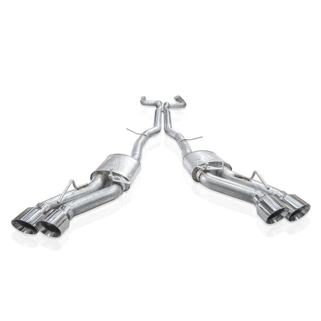 Stainless Works Cadillac CT5-V Blackwing catback exhaust with polished tips, showcasing sleek black metal and dual exhaust outlets.