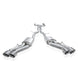 Stainless Works Cadillac CT5-V Blackwing catback exhaust with polished tips, showcasing sleek black metal and dual exhaust outlets.