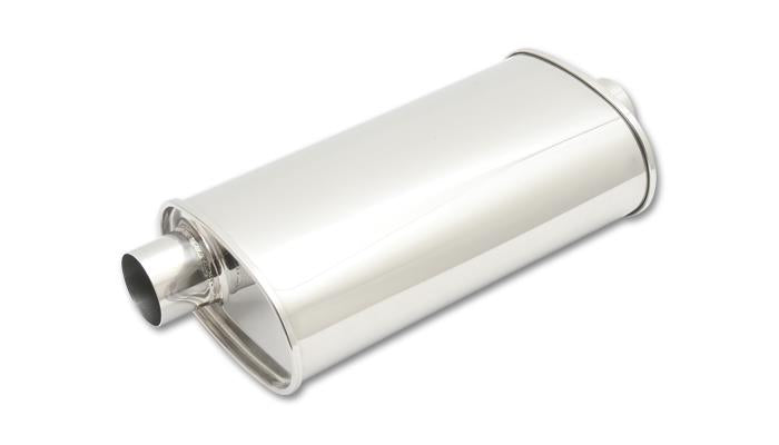 Vibrant StreetPower oval muffler with 5x9 inch body, 15-inch length, 2.5-inch I.D. and offset-center design, metallic finish.