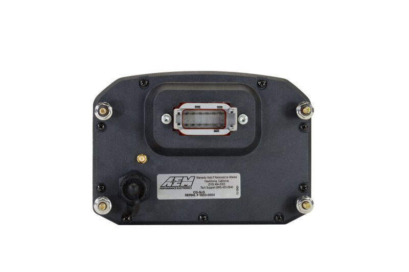 AEM CD-5LG Carbon Logging Digital Dash Display with internal 10Hz GPS and antenna showing on a vehicle dashboard.