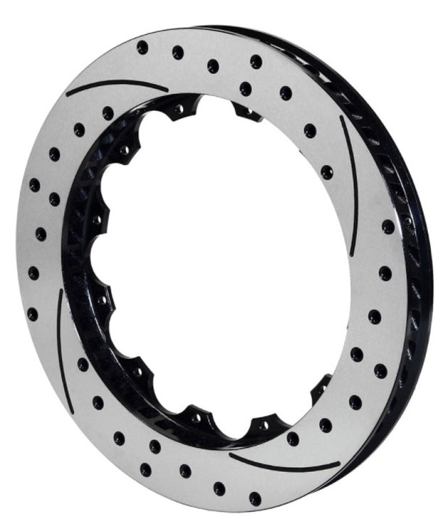 Wilwood brake rotor, 14-inch 2-piece iron rotor with black finish, drilled design, for right-hand side, 12 on 8.75 inch bolt pattern